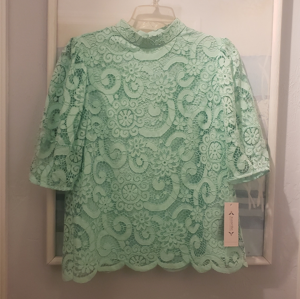 NWT Nanette Lepore Top Womens M  Green Lace Mock Neck Short Sleeve